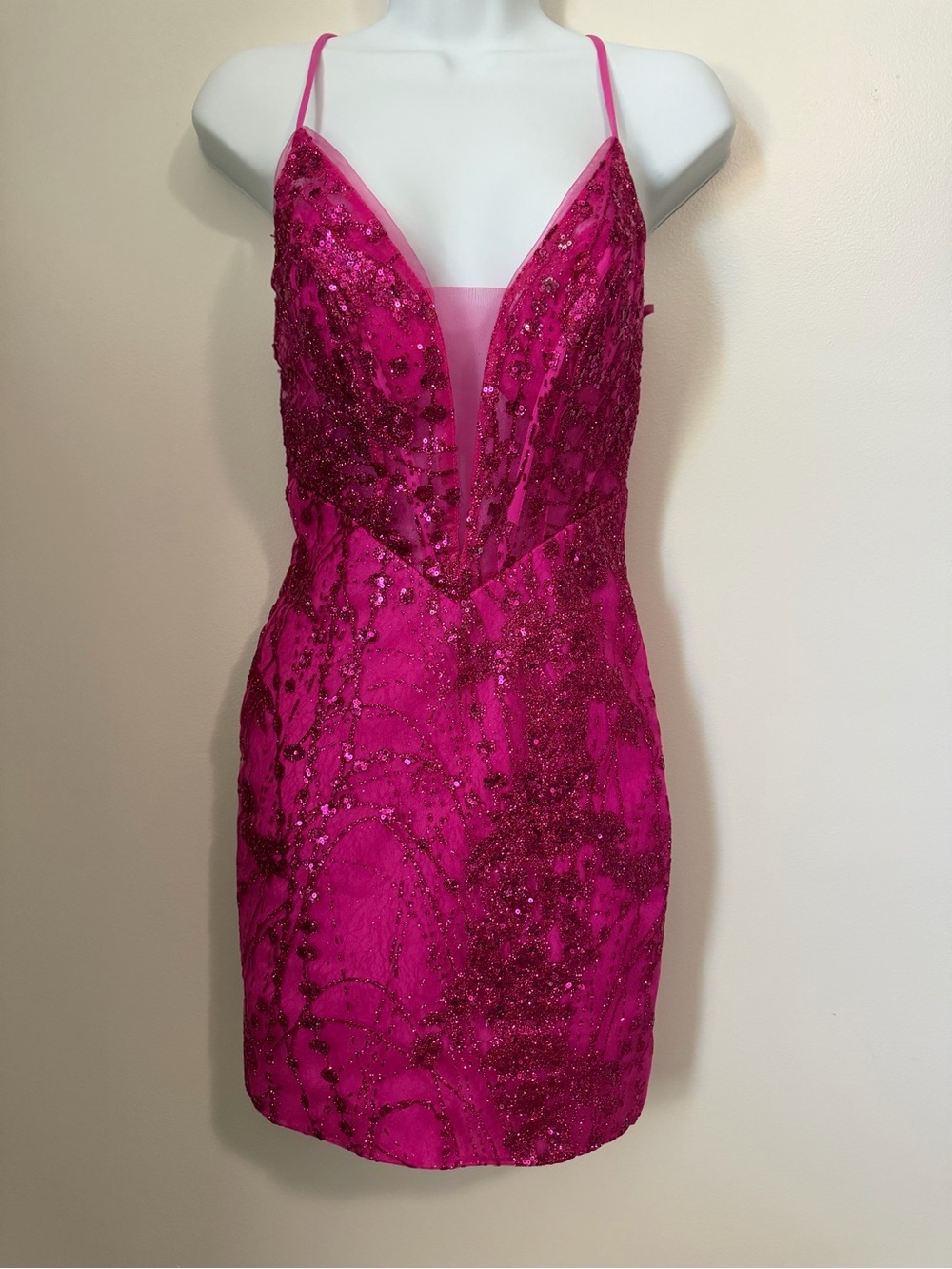 Plunge Neck Hot Pink Beaded Mini Dress